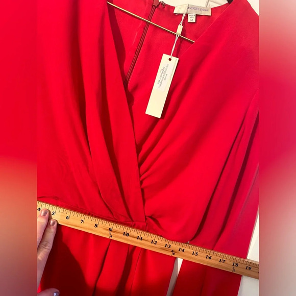 NWT LAVENDER BROWN 100% Silk RED HOT Faux Wrap Long Sleeve Midi Dress MED $220 - Picture 10 of 13